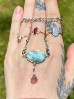 Larimar and tourmaline double dangle interchangeable necklace